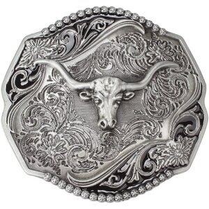 🆕Men's Silver Filigree and Punk Head Design Metallic Longhorn Bull Belt Buckle